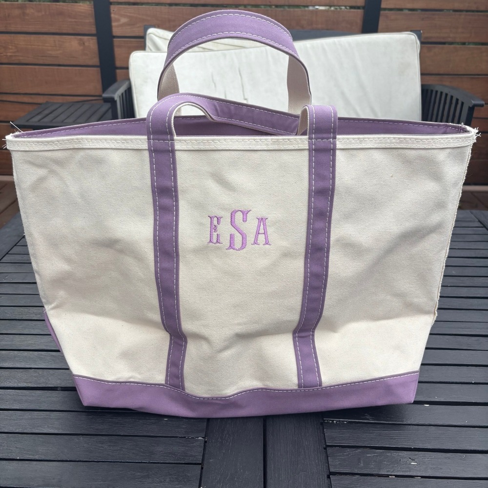 L.L.Bean Boat and Tote Bag Large Cream Purple Excellent Monogram ESA USA Made